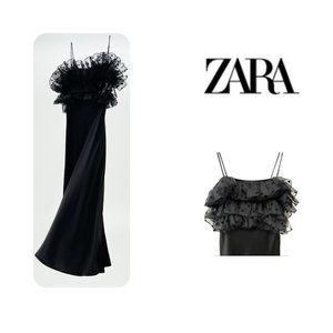 ZARA Women's SLIP DRESS Long Black Organza Ruffles Polka Dot X-SMALL Maxi Gown